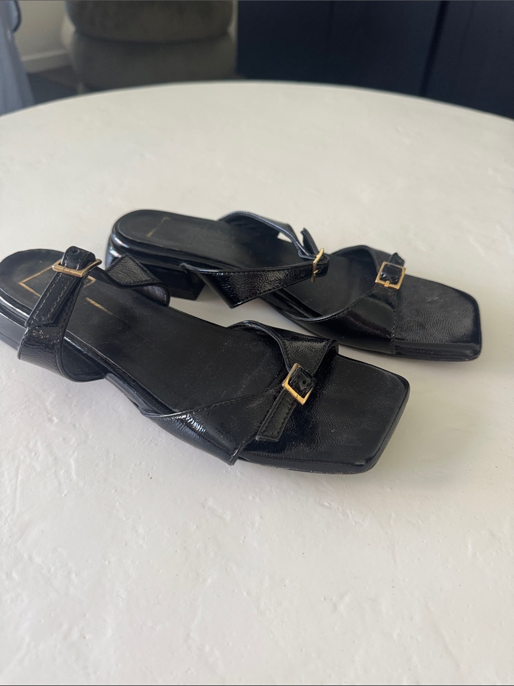 Dolce Vita Black Strappy Square-Toe Sandal with Gold Buckles